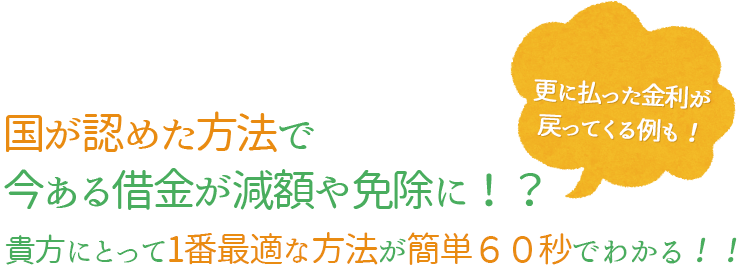 国が認めた方法で今ある借金が減額や免除に！？貴方にとって1番最適な方法が簡単60秒でわかる！更に払った金利が戻ってくる例も！